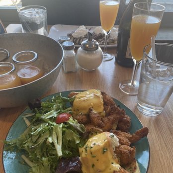 Altea's Eatery - Popcorn chicken Benedict with Side Salad (additional cost), bucket of bubbles w peach juice, and Nutella Crepe. - Breakfast & Brunch Near Me - Worcester, Massachusetts