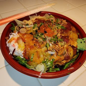 Poki Ya - Large Poke Bowl - 5 scoops (3 Tuna, 2 Salmon with Chili/Shoyu sauce, half rice/salad - Seafood Near Me - Orange, California