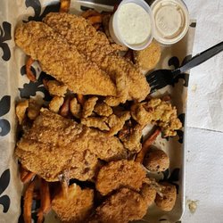 Gumbo To Geaux - Fried seafood platter: catfish, crawfish tails, oysters, crab cakes, hush puppies and sweet potato fries