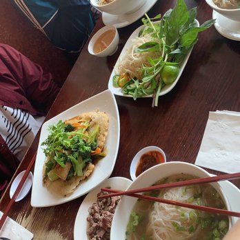 Pho 90 Degree - My Pho Tai Dap (Chefs Special), and friends' Pho Ap Chao Veggie & Bun Cha Gio Thit Nhung (vermicelli noodles w/fried egg rolls and bbq pork) - Vietnamese Near Me - San Jose, California Pho 90 Degree - My Pho Tai Dap (Chefs Special), and friends' Pho Ap Chao Veggie & Bun Cha Gio Thit Nhung (vermicelli noodles w/fried egg rolls and bbq pork) - Vietnamese Near Me - San Jose, California