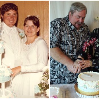 Creekside Bakery - Left: Mom and Dad in 1978. Right: Mom and Dad in 2018 with a replica of their wedding topper, by Creekside - Bakeries Near Me - Novato, California
