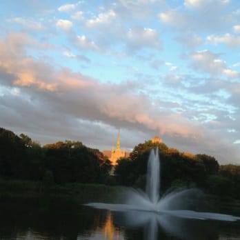 Branch Brook Park - One of the spouting water fixtures, & a view of the cathedral - Parks Near Me - Newark, New Jersey
