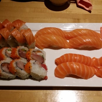 Sushi Sam - salmon nigiri on top right king salmon on bottom - Japanese Near Me - Southlake, Texas Sushi Sam - salmon nigiri on top right king salmon on bottom - Japanese Near Me - Southlake, Texas