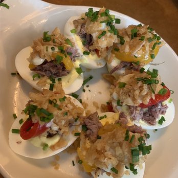 Prohibition Kitchen - Deviled Eggs Market with Braised Short Ribs, Braised Peppers, & French Onion Chives. - Bars Near Me - St. Augustine, Florida Prohibition Kitchen - Deviled Eggs Market with Braised Short Ribs, Braised Peppers, & French Onion Chives. - Bars Near Me - St. Augustine, Florida