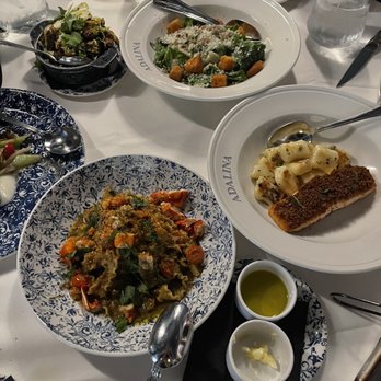 Adalina Italian - Mafaldine, Salmon with Gnocchi, Caesar salad, Brussel Sprouts and Beef (not pictured) - Italian Near Me - Chicago, Illinois Adalina Italian - Mafaldine, Salmon with Gnocchi, Caesar salad, Brussel Sprouts and Beef (not pictured) - Italian Near Me - Chicago, Illinois