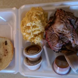 Oak Hill Barbeque - Brisket sandwich with cheesy spaghetti.  Large portions.