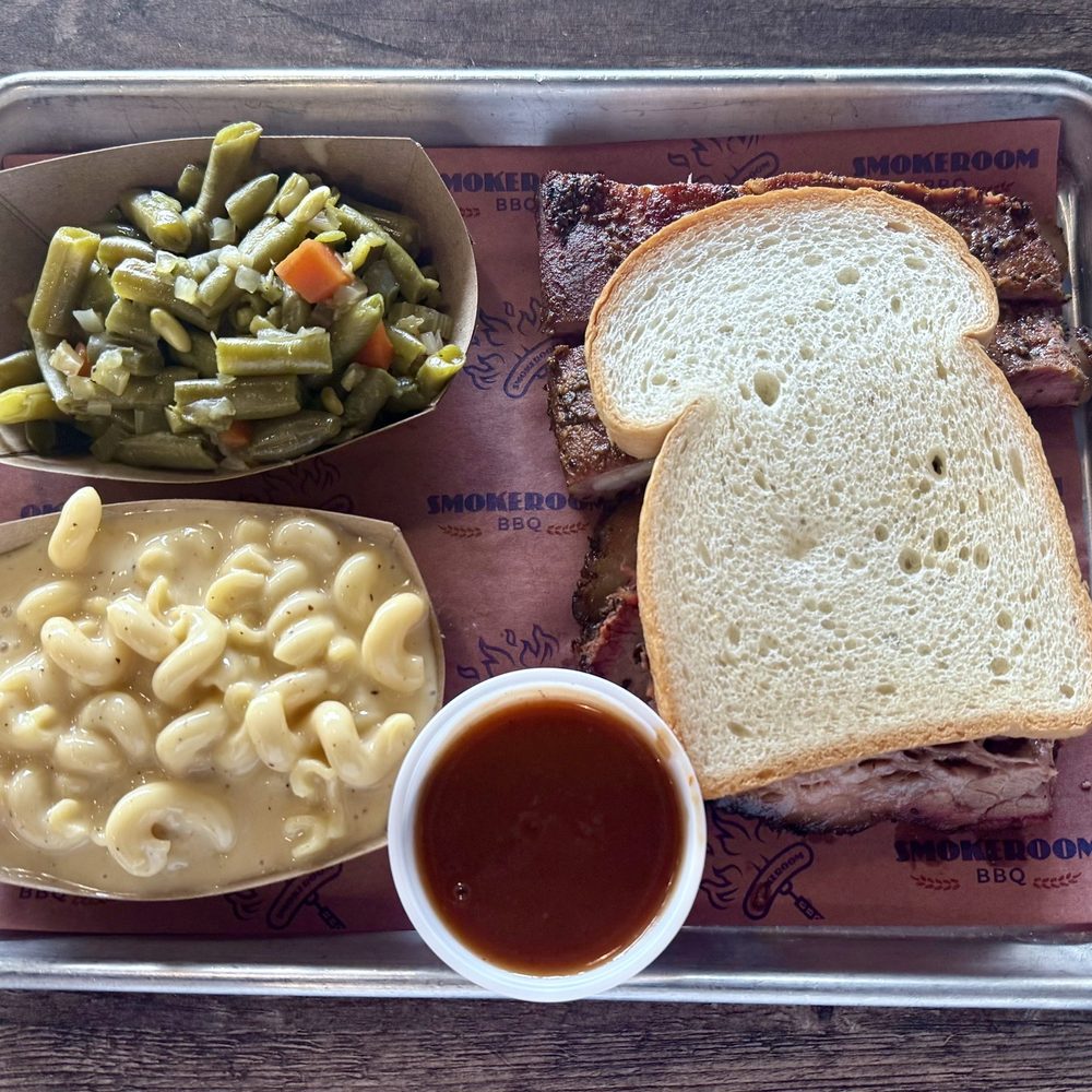 Smokeroom BBQ - 2 Meat Dinner: Brisket, Pork Rib,  Mac'n Cheese, Green Beans - Barbeque Near Me - Houston, Texas