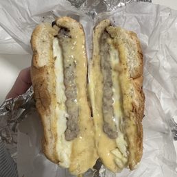 Two Eggs, sausage, Cheese on a Roll Two Eggs, sausage, Cheese on a Roll
