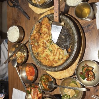 Jincook - 해물파전 / Seafood Pancake, army 부대찌개 / Boo Dae Jji Gae (Military Soup), and beef short rib hot stone :) - Korean Near Me - Yorba Linda, California