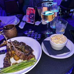 Scott Gertner's Rhythm Room - Lamb chops (6,medium) and a side of Mac and cheese and the asparagus crispy potato's.