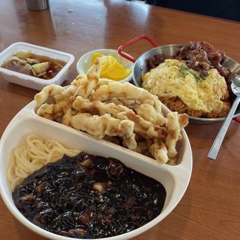 Full House Plus - Black Bean Sauce Noodle (Half) & Fried Pork with Sweet & Sour Sauce (Half) and  14. Kimchi Fried Rice w/ Bulgogi - Chinese Near Me - Torrance, California