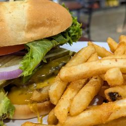 Sammy’s Bar & Grill - Regular Burger add avocado, bacon, cheddar cheese with fries