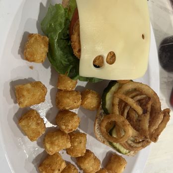 Mr. B's Pancake House - Chicken sandwich on a ciabatta bun with tater tot's. - Burgers Near Me - Muskegon, Michigan