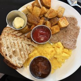 Eggs, chicken, sausage, sourdough, potatoes