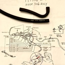 The old hose with tiny cracks, extra new hose, and the diagram of the vaccuum system 2 dealers said I needed. Wouldn't sell me just 1 hose. The old hose with tiny cracks, extra new hose, and the diagram of the vaccuum system 2 dealers said I needed. Wouldn't sell me just 1 hose.