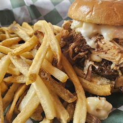 Beef 'O' Brady's - BBQ Pulled Pork Bacon Angus Burger with Cheddar and Jack cheese.