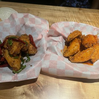 Sunberry Restaurant and Bar - Korean fried chicken wings-- soy garlic (left) and fire hot (right) - Cafes Near Me - Hartford, Connecticut Sunberry Restaurant and Bar - Korean fried chicken wings-- soy garlic (left) and fire hot (right) - Cafes Near Me - Hartford, Connecticut
