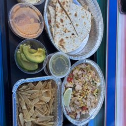 La Fondita - Shrimp Quesadillas de Camarones "Summer Style" Ensalada Fondita with shrimp (avocado/tortilla strips on side)