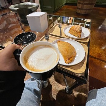 First Cup Coffee - White chocolate mocha, chorizo and egg empanada, blueberry scone - Coffee Roasteries Near Me - Pearland, Texas