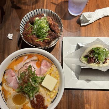 Tsujita Artisan Noodle - top: karaage bowl bottom: spicy miso ramen right: spicy karaage bun - Ramen Near Me - Houston, Texas Tsujita Artisan Noodle - top: karaage bowl bottom: spicy miso ramen right: spicy karaage bun - Ramen Near Me - Houston, Texas