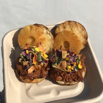 Veganics - Bbq jackfruit, slaw, and pineapple on a pretzel bun WHAMMY! - Caterers Near Me - Los Angeles, California Veganics - Bbq jackfruit, slaw, and pineapple on a pretzel bun WHAMMY! - Caterers Near Me - Los Angeles, California