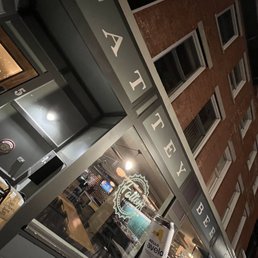 the outside of a building at night