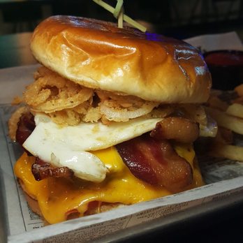 Bar Code Burgers - Hangover Burger : over hard egg,  American cheese,  fried onion, bacon, Code sauce - Burgers Near Me - Las Vegas, Nevada