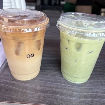 Origen Coffee Roasters - (L) - (R) Iced Oatmilk latte, Iced Matcha latte - Coffee & Tea Near Me - Carlsbad, California