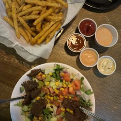 Zombie Burger + Drink Lab - Cold fries, lots of sauce, house salad with veggie patty on top
