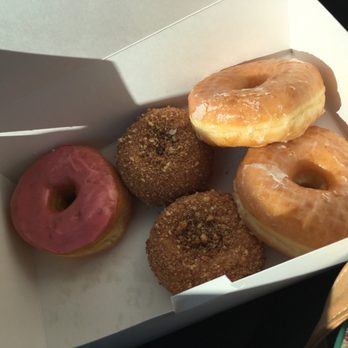 Bakers Dozen Donuts 2 - Strawberry frosted, cinnamon crumb cake, and original glaze. BEST DOUGHNUTS I HAVE EVER HAD IN MY LIFE. - Donuts Near Me - Raleigh, North Carolina