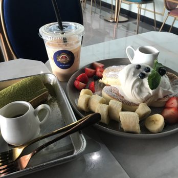 Basilur - Matcha tiramisu (left), royal milk tea (middle), fruit soufflé pancakes (right) - Coffee & Tea Near Me - Buena Park, California