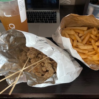 Jooy Tea Shoppe - WHITE PEACH OOLONG MILK TEA POPCORN CHICKEN FRENCH FRIES GOLDEN PASSION FRUIT - Bubble Tea Near Me - Brooklyn, New York