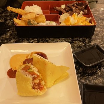 Wasabi East - Sushi burrito (filling and pretty good). Beef Dinner Bento Box - meat was cold. Not too impressed. - Sushi Bars Near Me - Wichita, Kansas