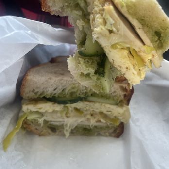 El Tiny Cafe - Turkey morning sandwich with pepper jack, two eggs, and pesto on sourdough bread. - Cafes Near Me - Berkeley, California