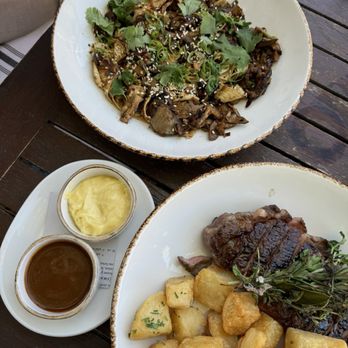 peasants FEAST - Spicy mushroom bolognese and steak frites - American Near Me - Solvang, California peasants FEAST - Spicy mushroom bolognese and steak frites - American Near Me - Solvang, California