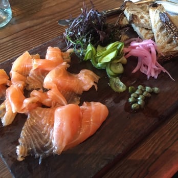 Gjelina - Smoked salmon toast deconstructed. Comes with goat cheese but we asked the chef to not serve it. - New American Near Me - Venice, California Gjelina - Smoked salmon toast deconstructed. Comes with goat cheese but we asked the chef to not serve it. - New American Near Me - Venice, California