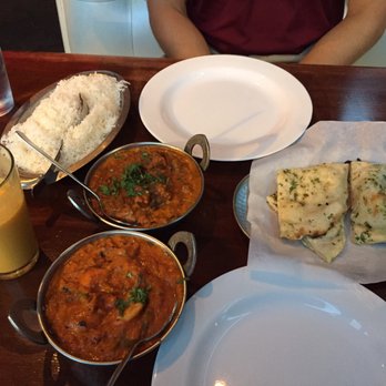 Darbar India Grill & Bar - Shrimp masala, a beef curry (forgot the name), garlic naan, and mango lassi - Indian Near Me - Minneapolis, Minnesota