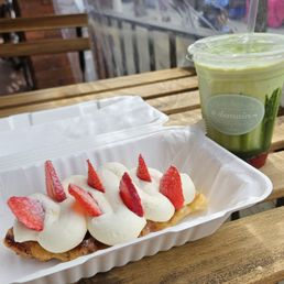 Strawberry croffle and strawberry matcha latte Strawberry croffle and strawberry matcha latte