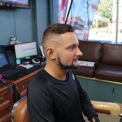 Beacon Barbershop - Skin fade w/Hard Part Combover on a customer and friend Joe