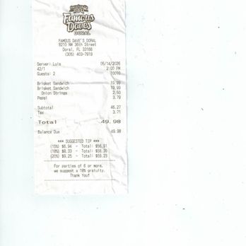 Famous Dave's - Receipt for the lunch specials at Doral!!! - Barbeque Near Me - Doral, Florida