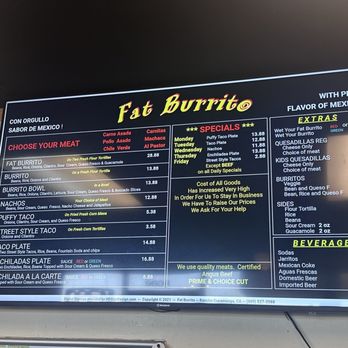 Fat Burrito - Menu - 6/2026 - Mexican Near Me - Rancho Cucamonga, California