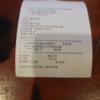 Camino Real - They charge you .50 for togo orders. Interesting. - Mexican Near Me - Virginia Beach, Virginia