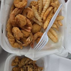 Gulf Seafood Market - 2 piece Fried Catfish with Shrimp and Fries.  With half lb fried oyters #YUMMY