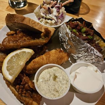 Wildflower Supper Club - Perch plate with fully loaded baked potato - Bars Near Me - Kewaunee, Wisconsin