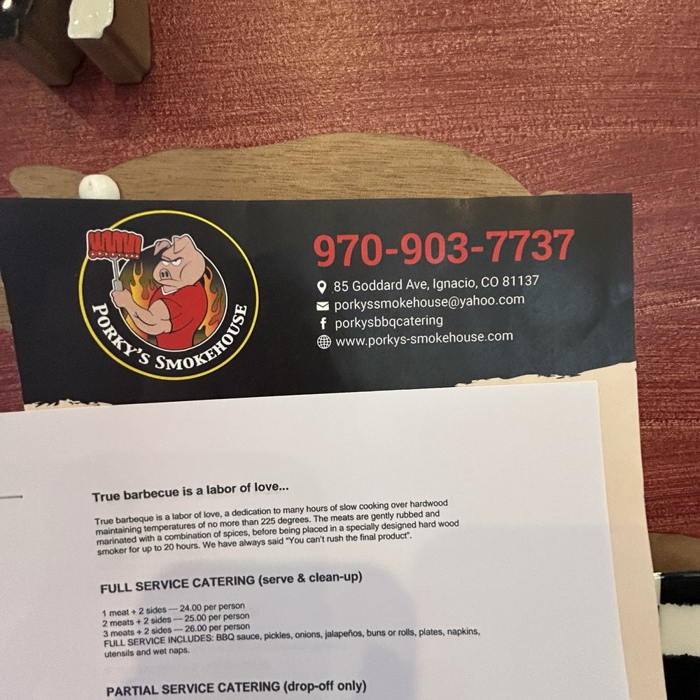 Porky’s Smokehouse - Menu pic - Barbeque Near Me - Bayfield , Colorado