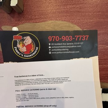 Porky’s Smokehouse - Menu pic - Barbeque Near Me - Bayfield , Colorado