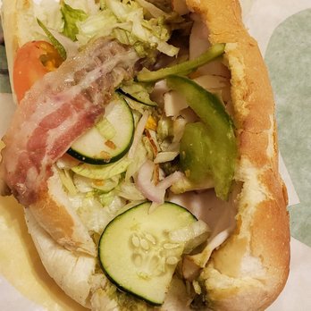 Subway - Turkey, bacon, guacamole sandwich. Look at how thin the meat is! Do you see bacon? Bacon strip found at bottom small portion of guacamole. - Sandwiches Near Me - Chicago, Illinois
