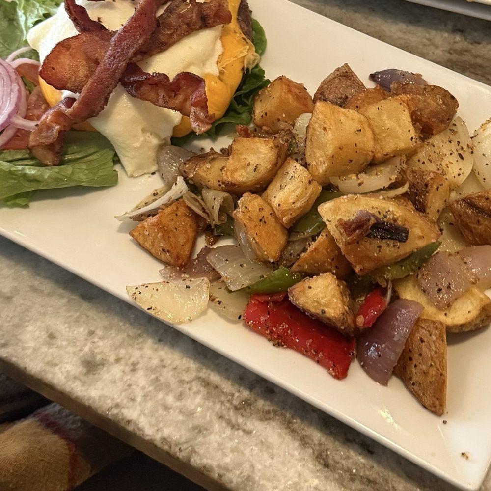 Bay Local Eatery - Bay bacon burger deconstructed with onions, lettuce, tomatoes no bun and home fries. - New American Near Me - Virginia Beach, Virginia