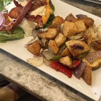 Bay Local Eatery - Bay bacon burger deconstructed with onions, lettuce, tomatoes no bun and home fries. - New American Near Me - Virginia Beach, Virginia