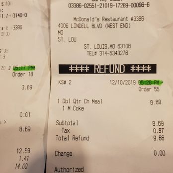 McDonald's - More than 10 minutes from order to refund. Exactly as I said.  But no,  they'll call you a liar. - Fast Food Near Me - St. Louis, Missouri